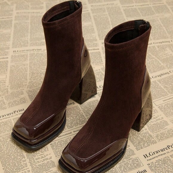 Burgundy Elegant Women's Waterproof Platform High Heel Boots - Picture 2 of 5